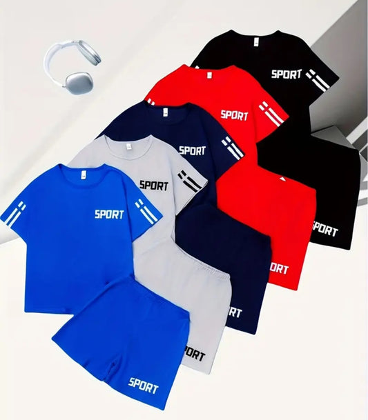 10-Piece Boys Summer Sports Set featuring quick-dry, breathable T-shirts and shorts in vibrant colors perfect for active play, displayed together with a pair of headphones.