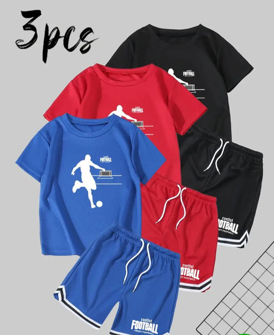 Boys' 3 Pack Sports Outfit Set featuring colorful crew neck T-shirts and stretchy drawstring shorts, ideal for outdoor play and sports activities.