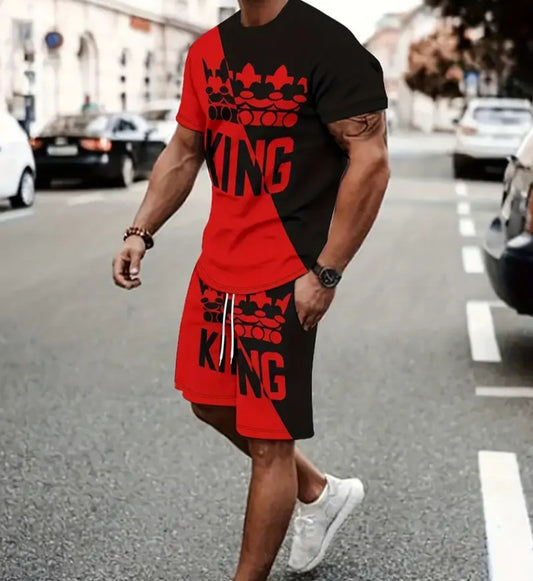 Men's Casual King T-Shirt and Shorts Set - A man wearing a stylish red and black outfit featuring a 'KING' graphic, perfect for casual wear and everyday comfort.