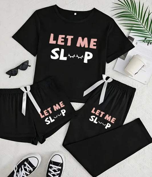 3-Piece Casual Pajama Set for Teenage Girls featuring a stylish black top and bottoms with 'LET ME SL⍕P' graphic design, accompanied by chic satin ribbon detail and playful sneakers, perfect for cozy sleepwear.