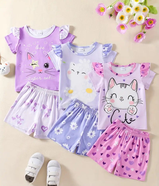 Adorable Girls 3-Piece Summer Outfit Set featuring cute cat and animal prints. Includes vibrant short-sleeve tops and matching shorts, perfect for summer play. Comfortable and machine washable.