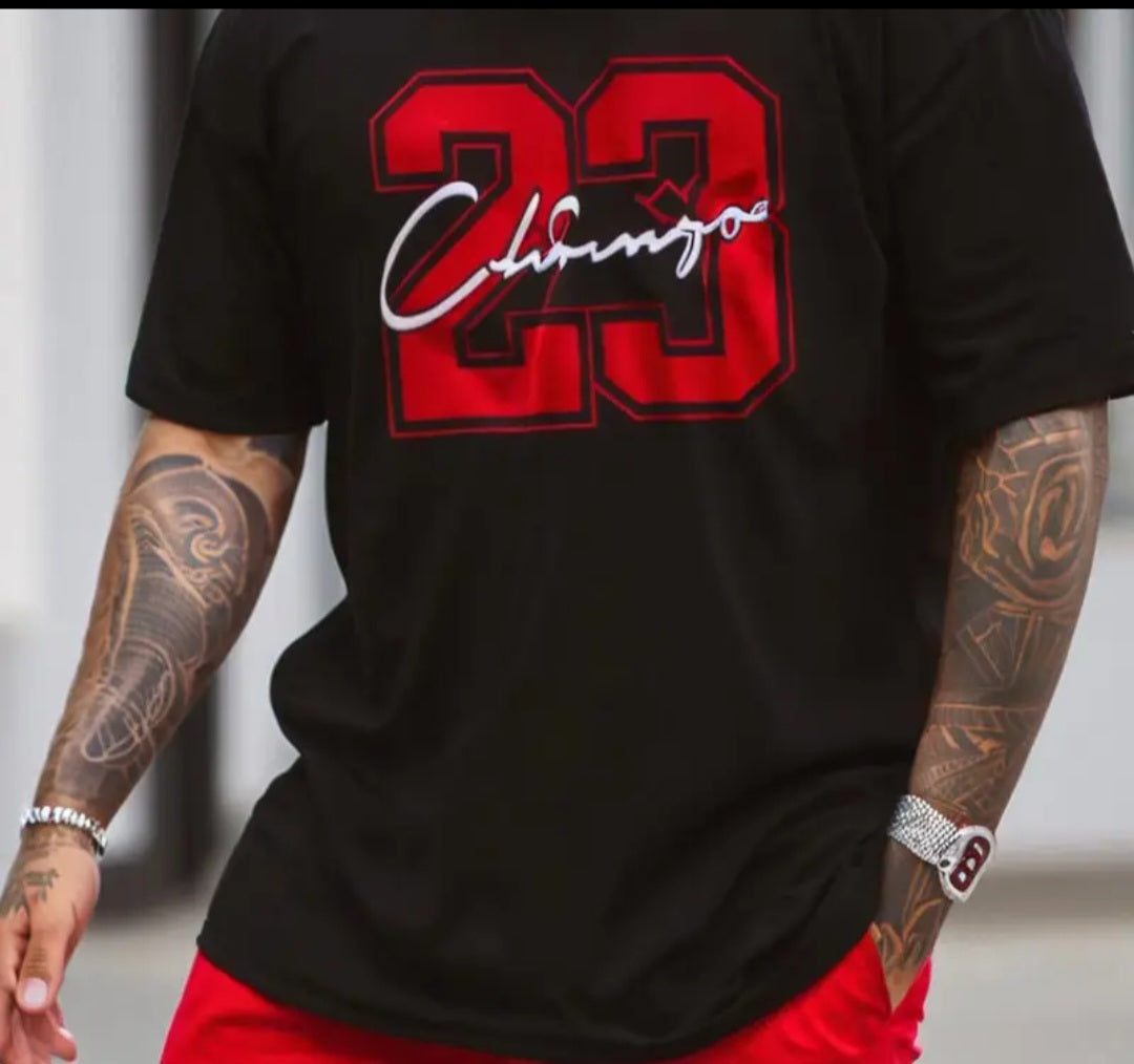 Men's Chicago 23 Graphic T-Shirt displayed on a model, showcasing its stylish design and comfortable fit, perfect for sports fans.