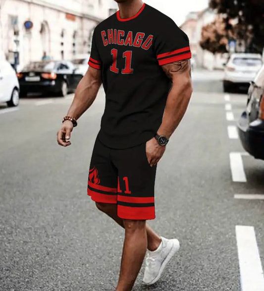 Men's Chicago 11 Graphic T-Shirt & Comfortable Shorts Set for Summer Casual Wear, featuring a stylish black T-shirt with red accents and matching shorts.