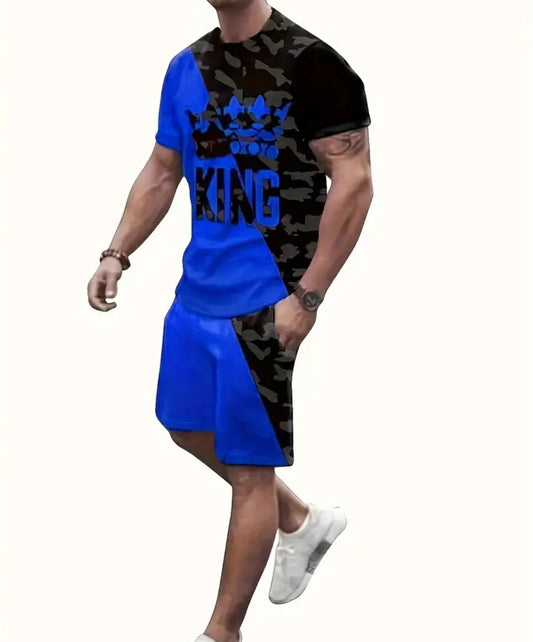 Men's King Graphic T-Shirt & Shorts Set featuring a modern blue color scheme with a bold king graphic design. Perfect for casual outings and lounging, showcasing a relaxed fit in soft cotton blend fabric.